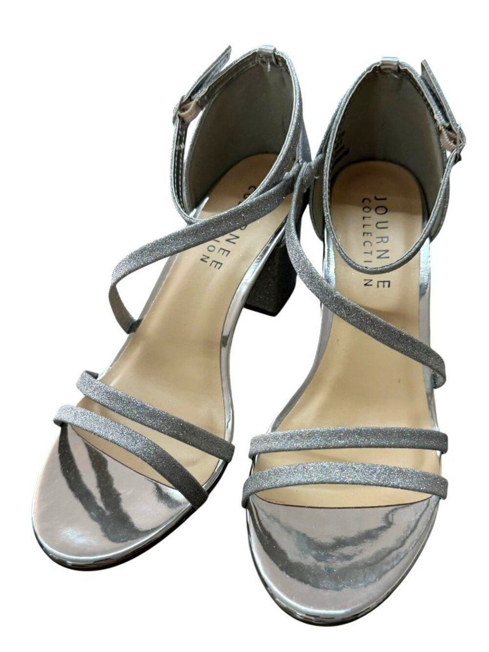 Journee Collection‎ Womens Silver Glitter Strappy Block Heel Sandals Size 8